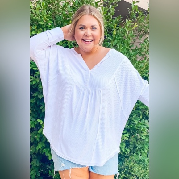 Free People Leo Henley Thermal Waffle Knit Top in White Size Medium - Picture 6 of 7